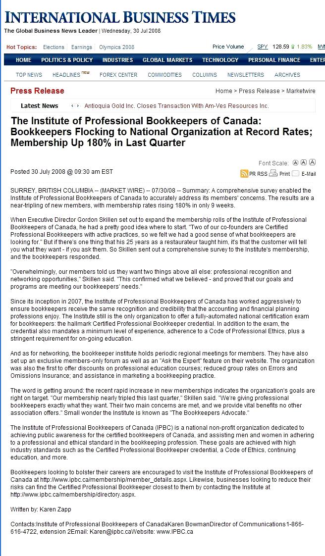 Press Release for the Institute of Professional Bookkeepers of Canada